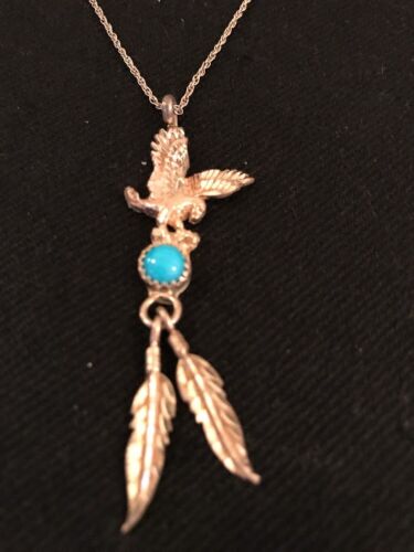 Sterling Silver Navajo Eagle Turquoise Feather Necklace Pendant 2.5" | Southwestern 17.5" | 3257