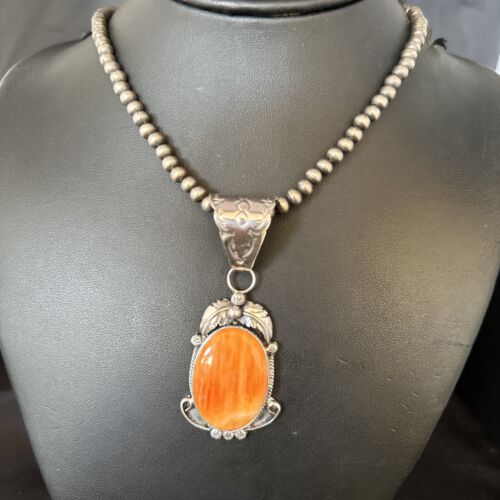 Navajo Pearls Necklace with Orange Spiny Oyster Pendant | Sterling Silver | Authentic Native American Handmade | 14723