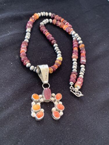 Navajo Purple Spiny Oyster Necklace Naja Pendant Set | Sterling Silver | Authentic Native American Handmade | 244