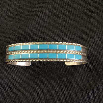 Navajo Blue Turquoise Inlay Cuff Bracelet | Sterling Silver | Authentic Native American Handmade | 1974