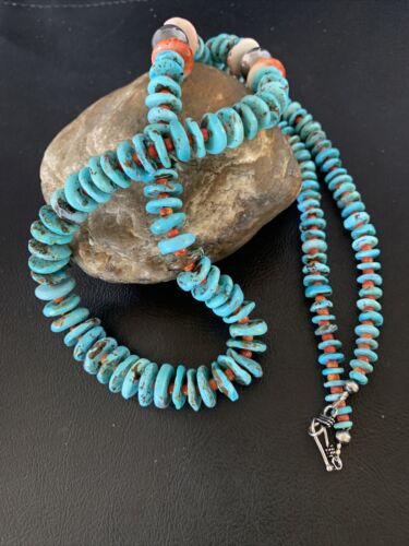 Navajo Natural Turquoise & Spiny Oyster Necklace | Sterling Silver | Authentic Native American | 32" | 13248