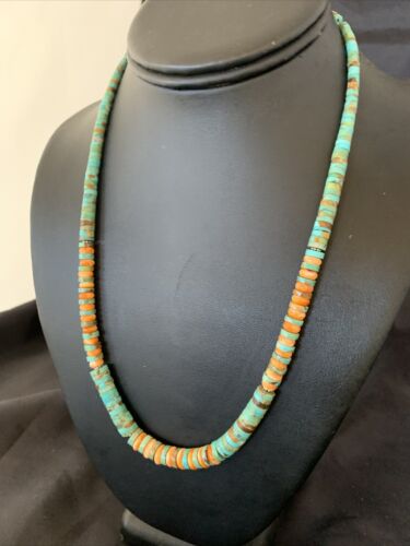 Navajo Green Turquoise & Orange Spiny Oyster Graduated Heishi Necklace | Sterling Silver | Authentic Native American | 20" | 11774