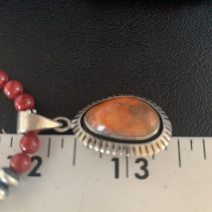 Navajo Red Apple Coral Pendant Necklace | Sterling Silver Beads | Authentic Native American Handmade | 13438