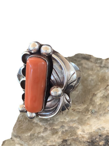 Navajo Red Coral Ring | Sterling Silver | Sz 9.5 | Authentic Native American Handmade | 01300