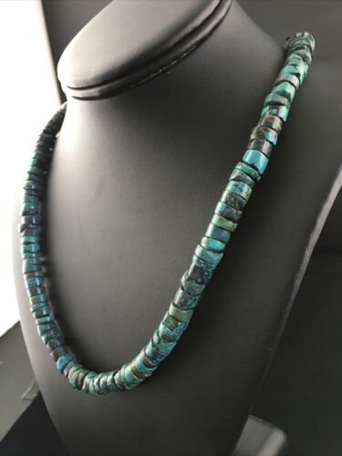 Native American Green Turquoise Heishi Necklace | Sterling Silver | 26" | 13901