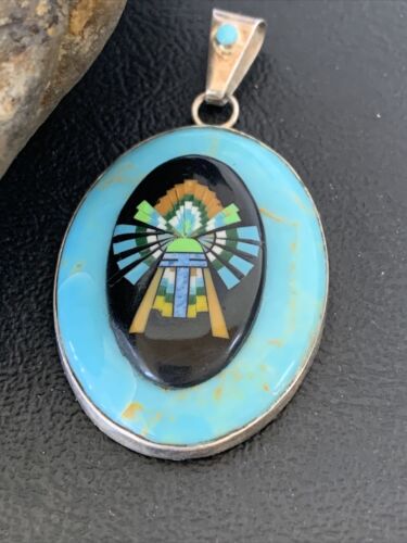 Zuni Multi-Stone Turquoise Pendant | Coral Onyx Inlay | Sterling Silver | Authentic Native American Handmade | 2029