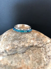 Southwestern Navajo Blue Opal Inlay Ring | Sterling Silver | Sz 7.5 | Authentic Native American Handmade | Yazzie | 10610