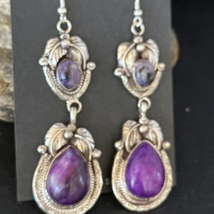 Navajo Purple Sugilite Dangle Earrings | Sterling Silver | 2" | Authentic Native American Handmade | 14461