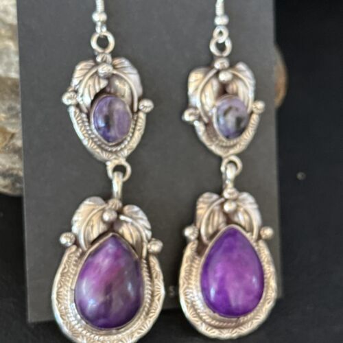Navajo Purple Sugilite Dangle Earrings | Sterling Silver | 2" | Authentic Native American Handmade | 14461