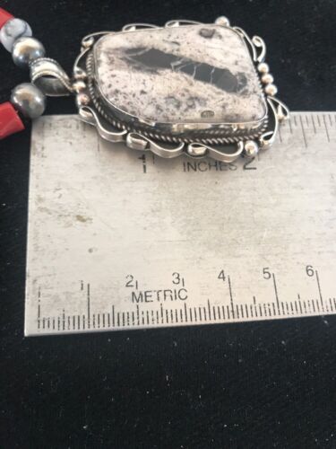 Navajo Pearls White Buffalo Turquoise Necklace Pendant | Sterling Silver | Authentic Native American Handmade | 8216