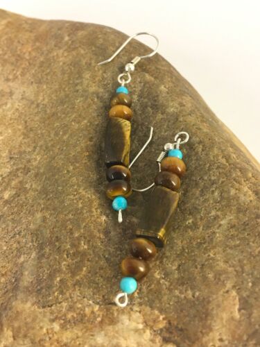 Navajo Turquoise & Tiger's Eye Earrings | Sterling Silver | Authentic Native American Handmade | 8863