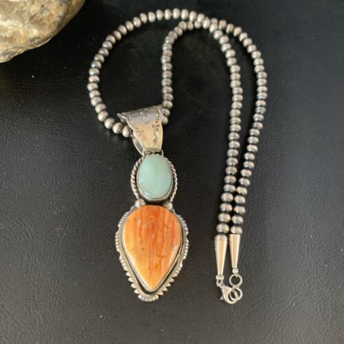 Navajo Dry Creek Turquoise Spiny Necklace Pendant | Sterling Silver | 2.5" | 13581