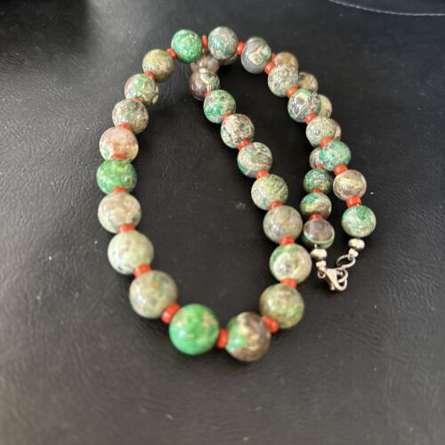 Navajo Green Turquoise Red Coral Necklace | Sterling Silver | 20" | Authentic Native American Handmade | 14736