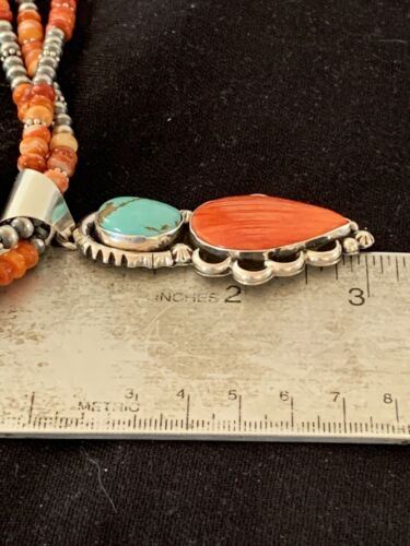Navajo Pearl Necklace with Turquoise & Spiny Oyster Pendant | Sterling Silver | Multi-Strand | 1677
