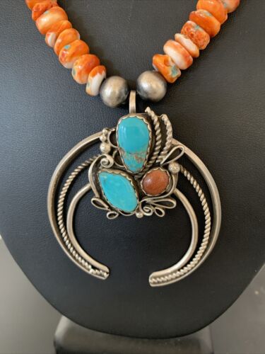 Navajo Turquoise & Spiny Oyster Naja Pendant Necklace | Sterling Silver Navajo Pearls | 1020