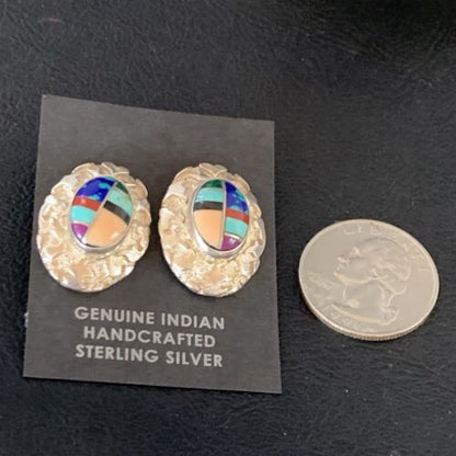 Women's Multi-Color Blue Turquoise Nugget Earrings | Sterling Silver | Authentic Native American Handmade | 13014
