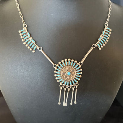 Zuni Kingman Turquoise Needle Point Necklace Pendant Set | Sterling Silver | Authentic Native American Handmade | 14535