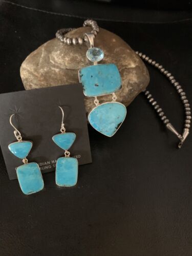 Navajo Blue Topaz Turquoise Necklace Earrings Set | Sterling Silver | 3" Pendant | Authentic Native American Handmade | 14098