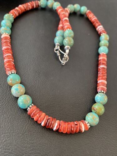 Men's Royston Turquoise & Red Spiny Necklace | Navajo Pearl | Sterling Silver | Native American | 22" | 02173