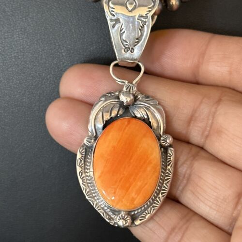 Navajo Orange Spiny Oyster Pendant Necklace | Sterling Silver | Authentic Native American Handmade | 14682