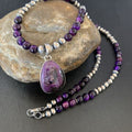 Navajo Pearls Necklace with Purple Sugilite and Onyx Pendant | Sterling Silver | 13394