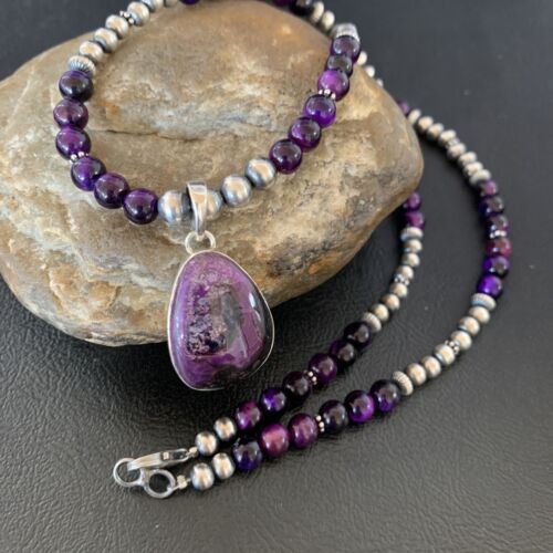 Navajo Pearls Necklace with Purple Sugilite and Onyx Pendant | Sterling Silver | 13394