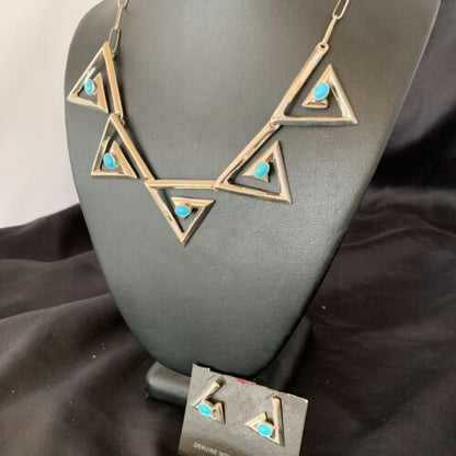 Navajo Squash Blossom Necklace & Earrings Set | Kingman Turquoise | Sterling Silver | Authentic Native American Handmade | 10926