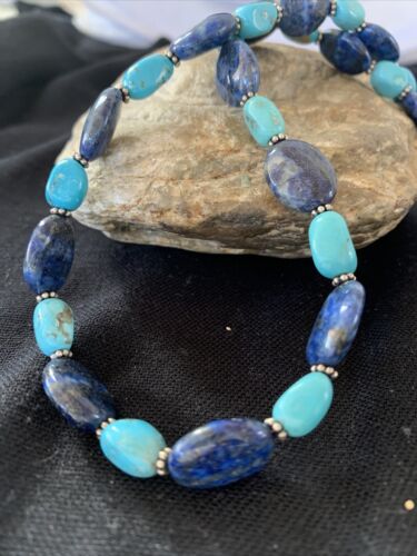 Navajo Denim Lapis & Turquoise Beads Necklace | Sterling Silver | Authentic Native American Handmade | 20" | 01038