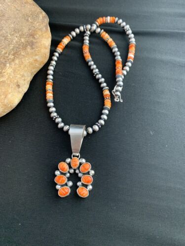 Navajo Pearls Sterling Necklace | Orange Spiny Oyster Cluster Naja Pendant | Native American 21" | 00189
