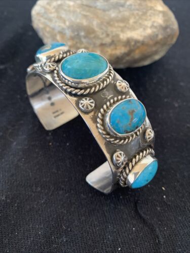 Navajo Sterling Silver Blue Kingman Turquoise Cuff Bracelet | 5 Stones | Authentic Native American Handmade | 863