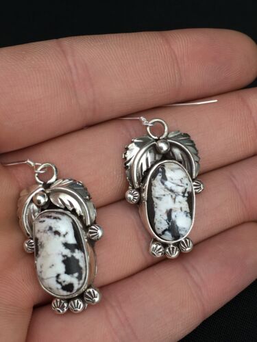 Navajo White Buffalo Turquoise Dangle Earrings | Sterling Silver | 1.25" | Authentic Native American Handmade | 1325