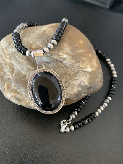Native American Men's Navajo Pearl Necklace Pendant | Sterling Silver Black Onyx | 11742