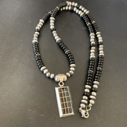 Navajo Black Onyx Inlay Pendant | Sterling Silver Necklace with Pearls | Authentic Native American Handmade | 12282
