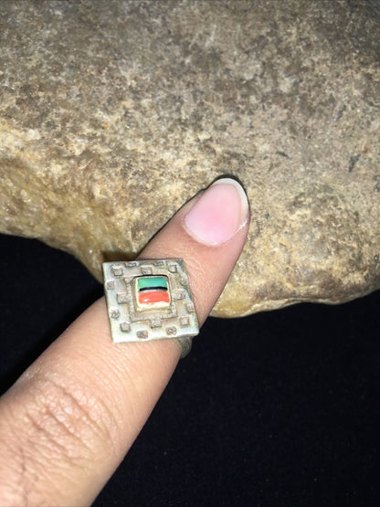Navajo Women's Turquoise, Coral & Onyx Inlay Ring | Sterling Silver | Sz 5.5 | Authentic Native American Handmade | 01797