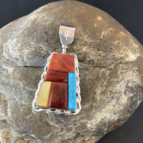 Zuni Yellow Mother of Pearl Turquoise Coral Inlay Sun Face Pendant | Sterling Silver | 2-Sided | 1685