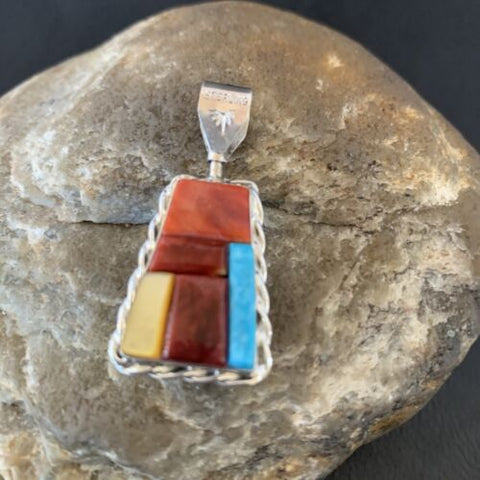 Zuni Yellow Mop Turquoise Coral Inlay Sun Face Sterling 2Sided Pendant 1685