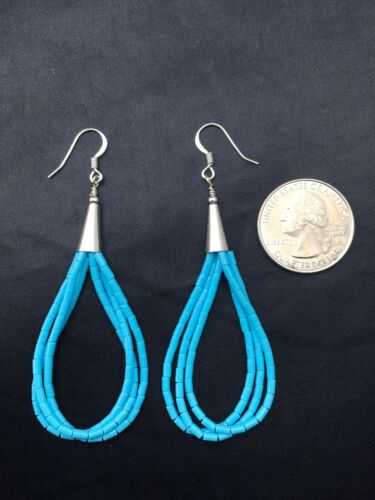 Liquid Silver Heishi Dangle Earrings | Blue Turquoise | Sterling Silver | 3-Strand | 2.5" | 4371