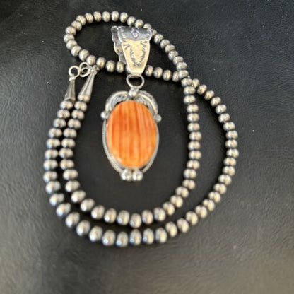 Navajo Pearls Orange Spiny Oyster Necklace Pendant | Sterling Silver | Authentic Native American Handmade | 14717