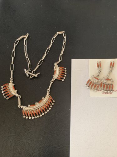 Zuni Coral Sterling Silver Petite Point Needle Necklace Pendant Earrings Set | Authentic Native American Handmade | 11909