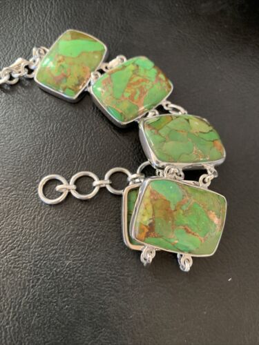Navajo Green Mojave Turquoise Link Bracelet | Sterling Silver | 8" | Authentic Native American Handmade | 11641