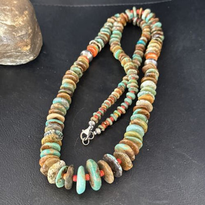 Navajo Turquoise & Red Spiny Oyster Necklace | Sterling Silver | Authentic Native American | 32" | 14379