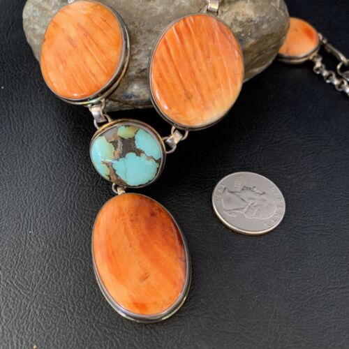 Navajo Lariat Necklace with Green Royston Turquoise & Spiny Oyster Pendant | Sterling Silver | 20" | 13888