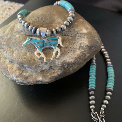 Navajo Horse Inlay Pendant | Blue Turquoise & Opal | Sterling Silver | Authentic Native American Handmade | 11469