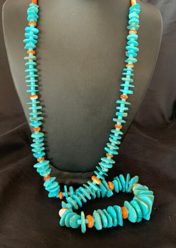 Authentic Native American Santo Domingo Necklace | Sterling Silver & Spiny Turquoise | 36" Graduated | 12067