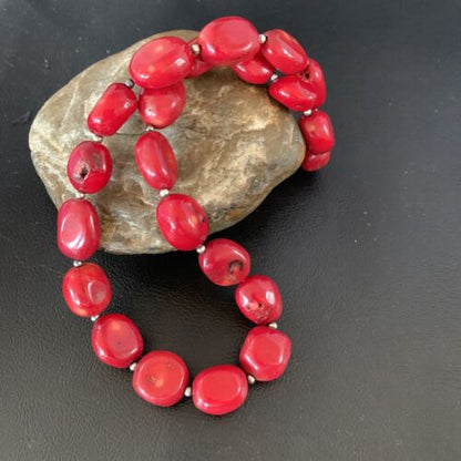 Native American Navajo Red Coral Bead Necklace | Sterling Silver | 18" | 13408 - Masha USA