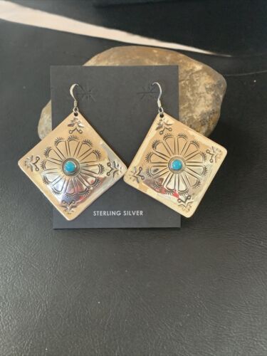 Navajo Turquoise Stamped Earrings | Sterling Silver | Authentic Native American Handmade | 1203