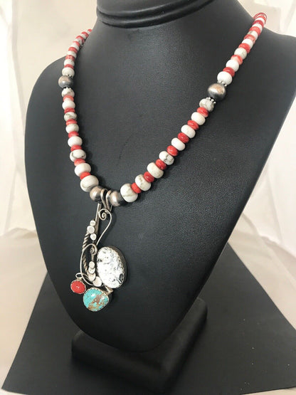 Navajo Blue Turquoise & Spiny Oyster Multi-Stone Pendant Necklace | Authentic Native American Sterling Silver | Multi-Stone | 8644 - Masha USA