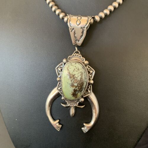 Navajo Green Spiderweb Turquoise Necklace with Naja Pendant | Sterling Silver | Authentic Native American Handmade | 2246 - Masha USA