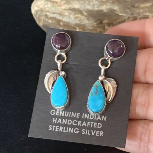 Navajo Sterling Silver Dangle Leaf Earrings | Purple Sugilite & Blue Turquoise | Handmade 13453
