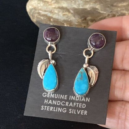 Navajo Sterling Silver Dangle Leaf Earrings | Purple Sugilite & Blue Turquoise | Handmade 13453